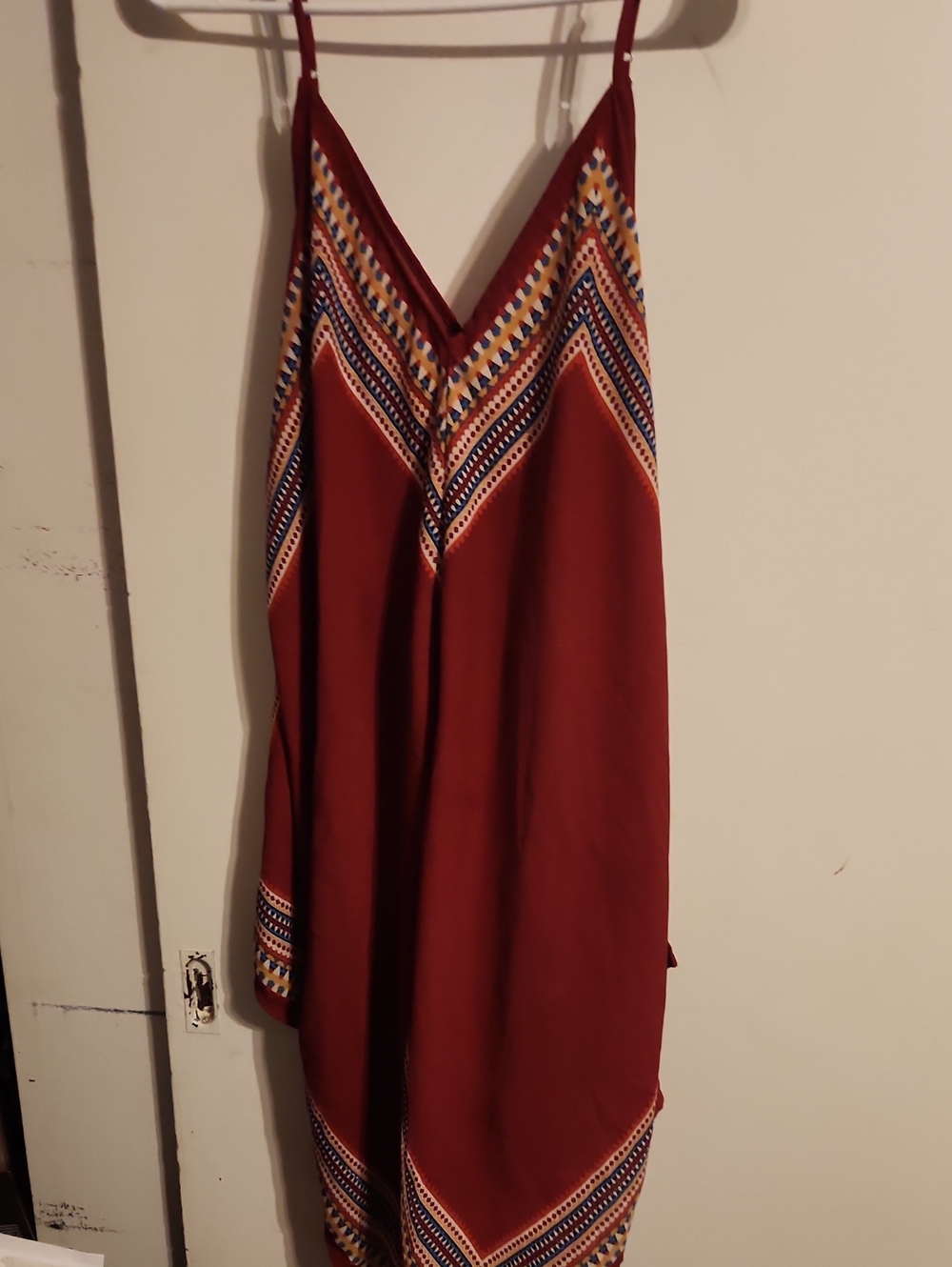 Womens Rust Red V-Neck Slip Dress with Geometric Trim